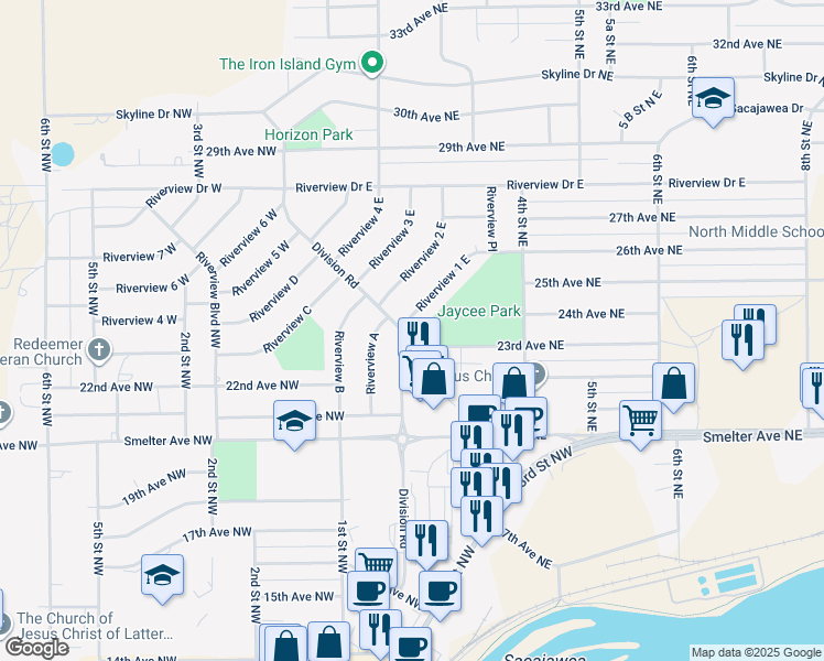 map of restaurants, bars, coffee shops, grocery stores, and more near 52-98 Division Road in Great Falls