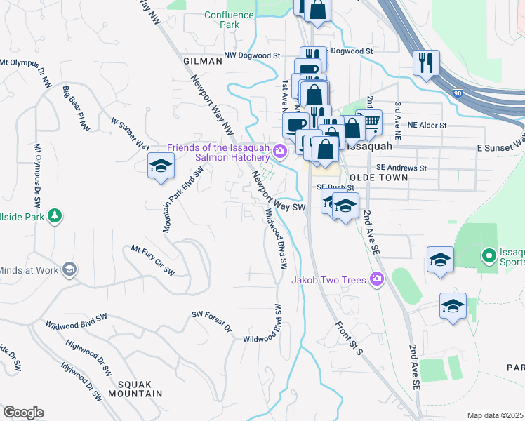 map of restaurants, bars, coffee shops, grocery stores, and more near 157 Southwest Clark Street in Issaquah
