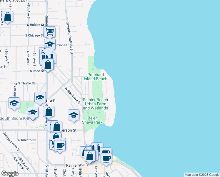 map of restaurants, bars, coffee shops, grocery stores, and more near 8450 Island Drive South in Seattle