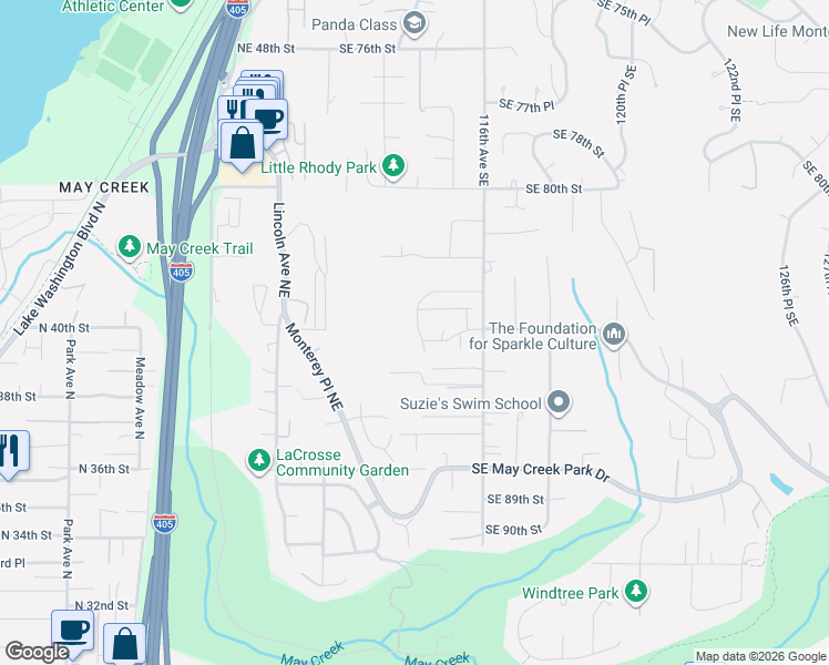 map of restaurants, bars, coffee shops, grocery stores, and more near 8407 114th Avenue Southeast in Newcastle