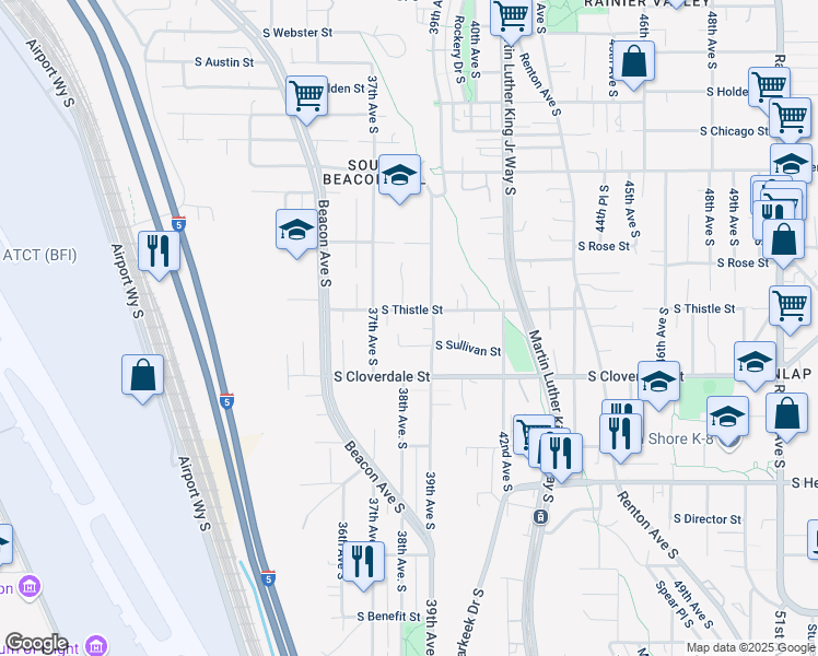 map of restaurants, bars, coffee shops, grocery stores, and more near 8420 38th Avenue South in Seattle