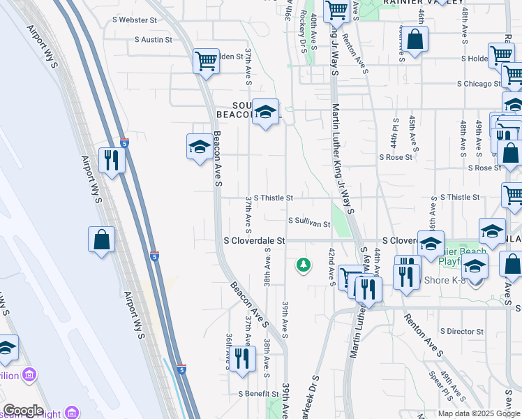 map of restaurants, bars, coffee shops, grocery stores, and more near 8420 38th Avenue South in Seattle