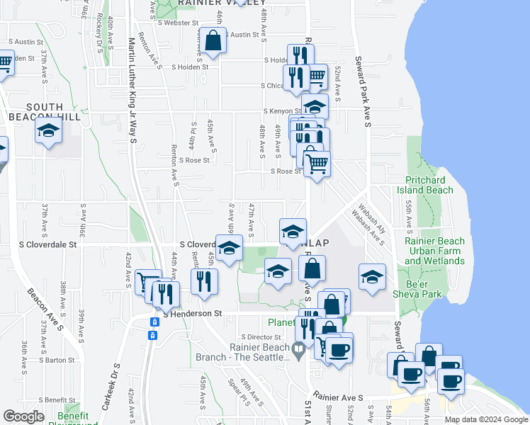 map of restaurants, bars, coffee shops, grocery stores, and more near 8414 48th Avenue South in Seattle