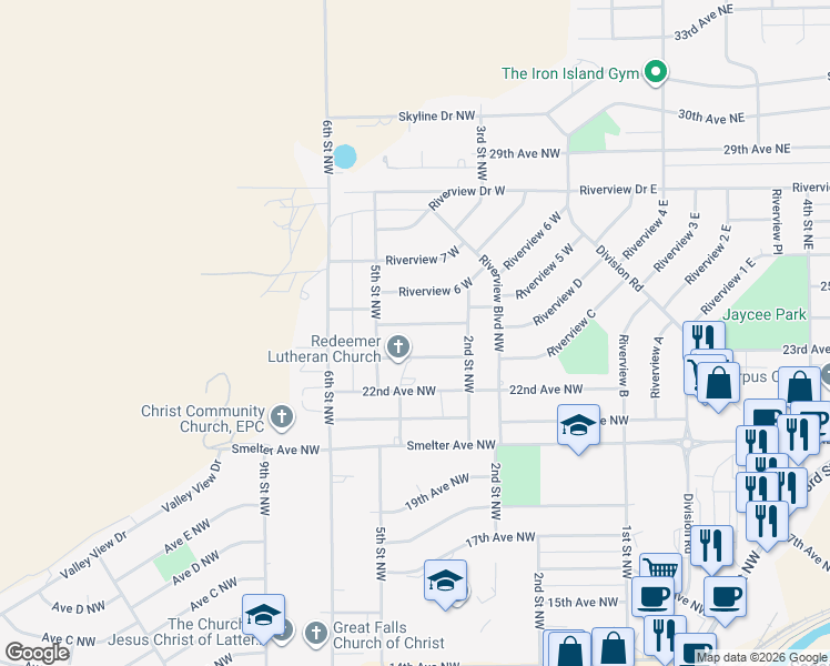 map of restaurants, bars, coffee shops, grocery stores, and more near 324 Riverview 4 West in Great Falls