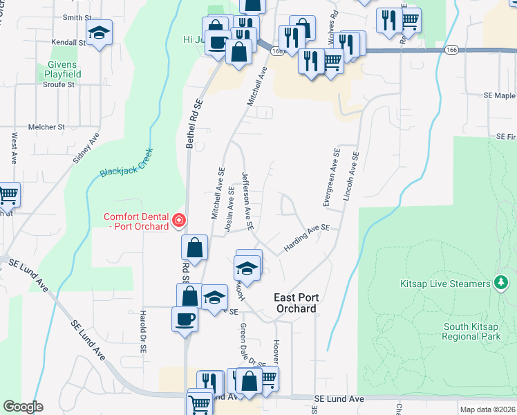 map of restaurants, bars, coffee shops, grocery stores, and more near 1920 Southeast Silktassel Way in Port Orchard