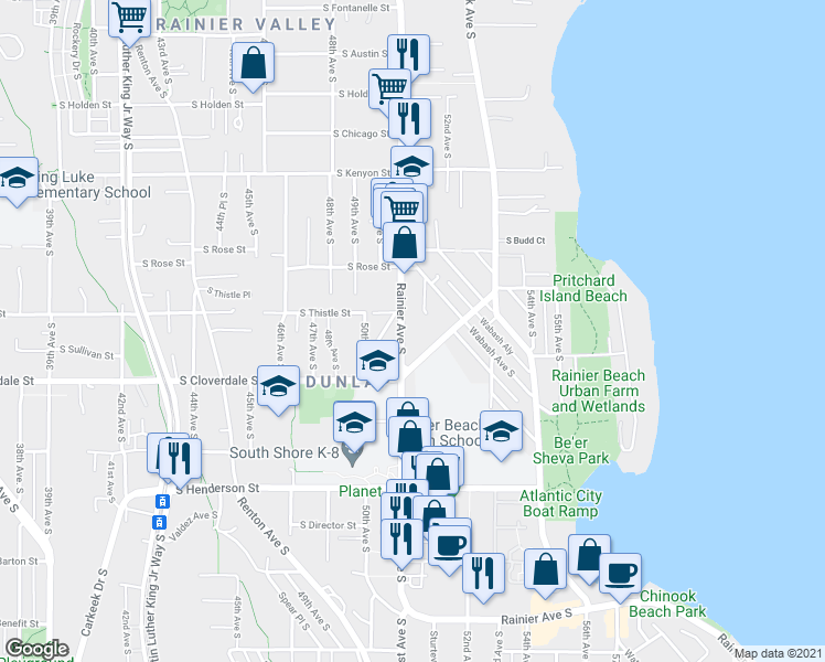 map of restaurants, bars, coffee shops, grocery stores, and more near 8422 Rainier Avenue South in Seattle