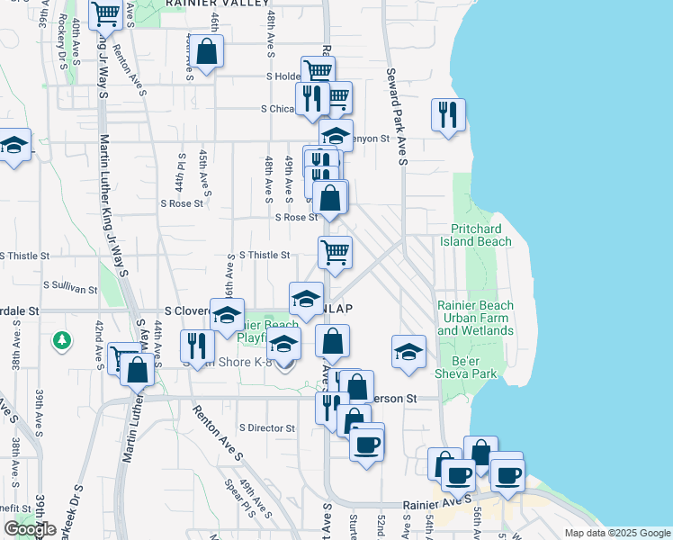 map of restaurants, bars, coffee shops, grocery stores, and more near 8422 Rainier Avenue South in Seattle