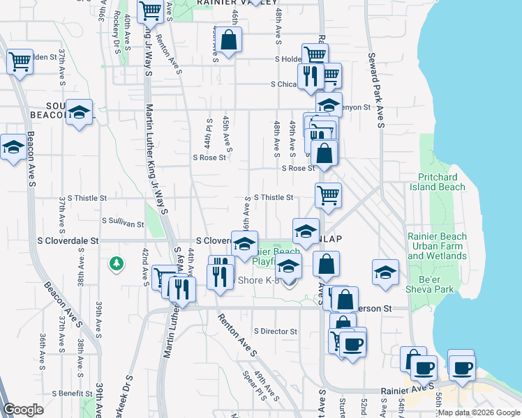 map of restaurants, bars, coffee shops, grocery stores, and more near 8411 47th Avenue South in Seattle