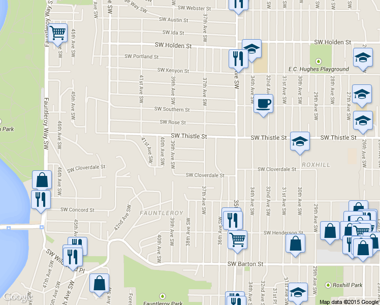 map of restaurants, bars, coffee shops, grocery stores, and more near 3727 Southwest Sullivan Street in Seattle