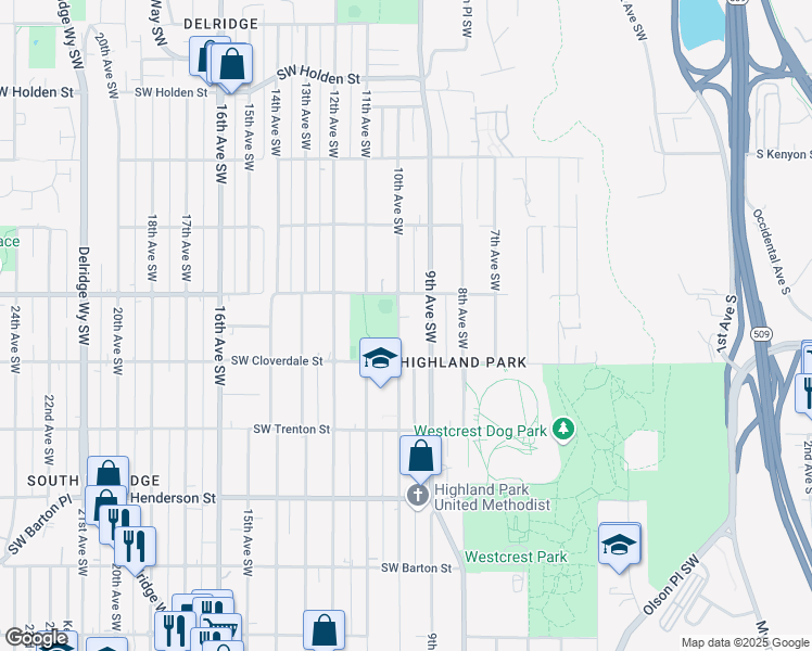 map of restaurants, bars, coffee shops, grocery stores, and more near 8426 10th Avenue Southwest in Seattle