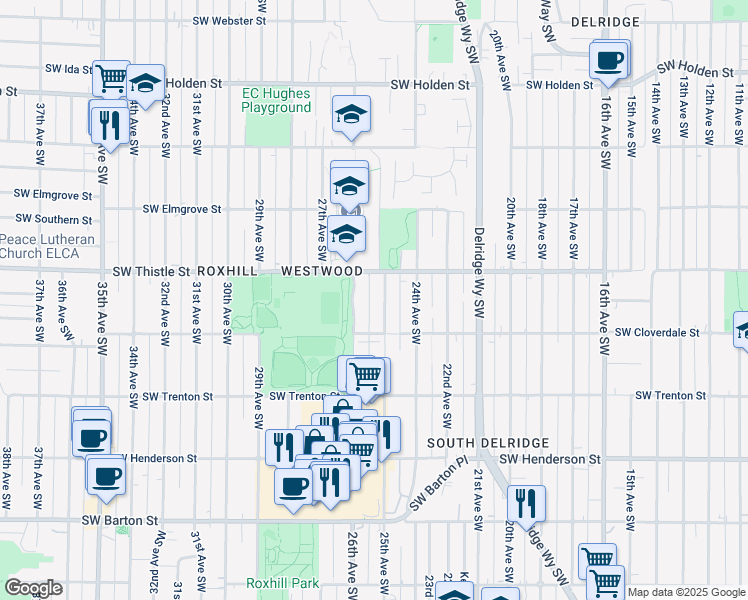 map of restaurants, bars, coffee shops, grocery stores, and more near 8454 26th Avenue Southwest in Seattle