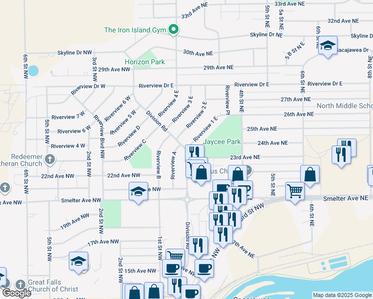 map of restaurants, bars, coffee shops, grocery stores, and more near 52 Division Road in Great Falls