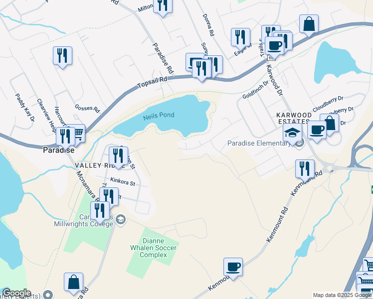 map of restaurants, bars, coffee shops, grocery stores, and more near 61 Yellow Wood Drive in Paradise