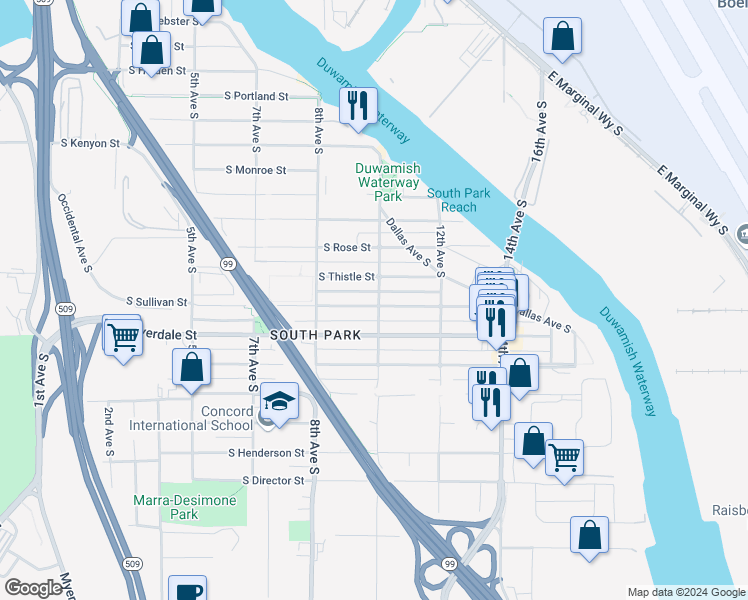 map of restaurants, bars, coffee shops, grocery stores, and more near 856 South Sullivan Street in Seattle