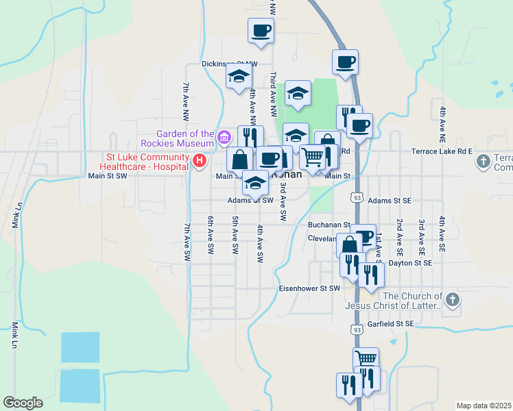 map of restaurants, bars, coffee shops, grocery stores, and more near 407 Adams Street Southwest in Ronan