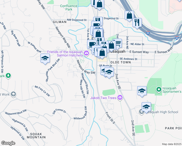 map of restaurants, bars, coffee shops, grocery stores, and more near 275 Front Street South in Issaquah