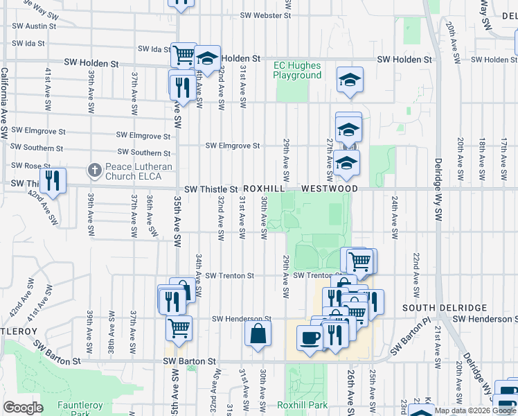 map of restaurants, bars, coffee shops, grocery stores, and more near 8427 30th Avenue Southwest in Seattle