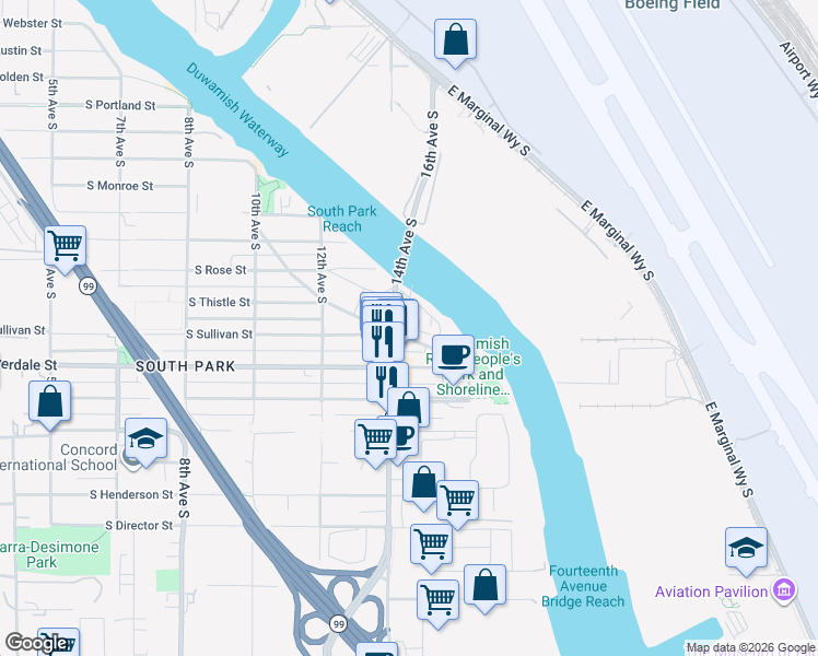 map of restaurants, bars, coffee shops, grocery stores, and more near 8510 Dallas Avenue South in Seattle