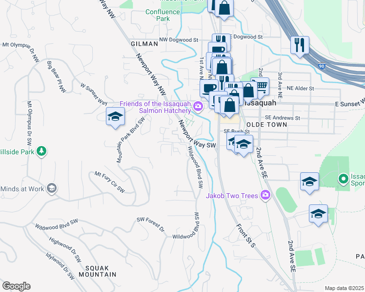 map of restaurants, bars, coffee shops, grocery stores, and more near 157 Southwest Clark Street in Issaquah
