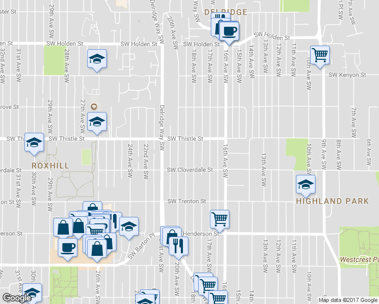 map of restaurants, bars, coffee shops, grocery stores, and more near 8425 18th Avenue Southwest in Seattle