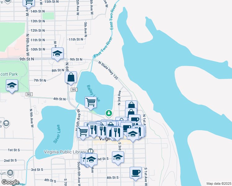 map of restaurants, bars, coffee shops, grocery stores, and more near 550 North 3rd Avenue in Virginia