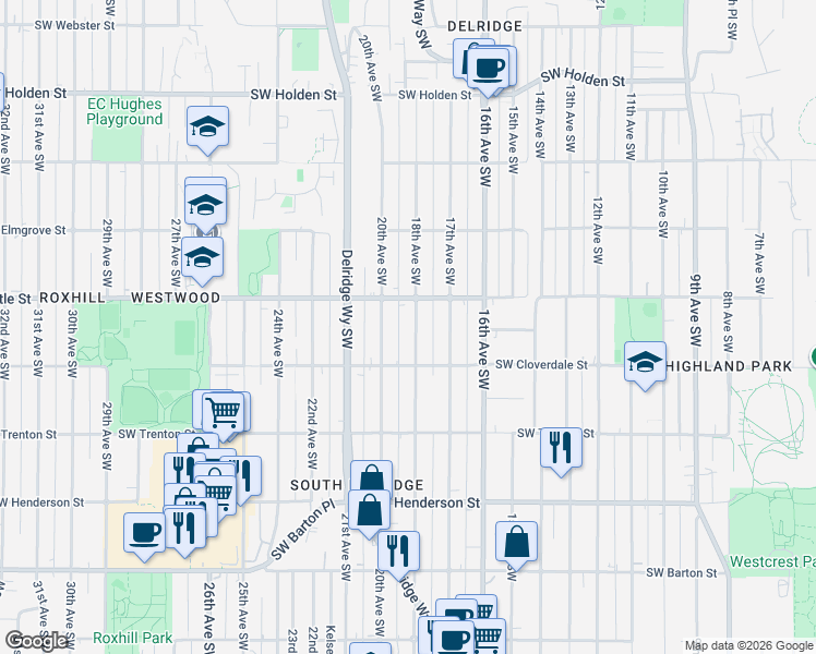 map of restaurants, bars, coffee shops, grocery stores, and more near 8425 18th Avenue Southwest in Seattle