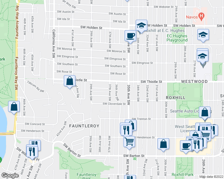 map of restaurants, bars, coffee shops, grocery stores, and more near 8502 37th Avenue Southwest in Seattle
