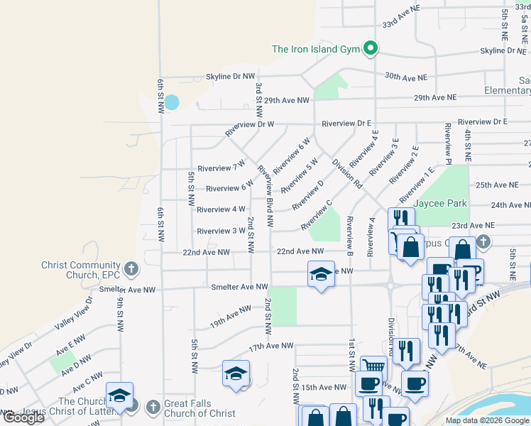 map of restaurants, bars, coffee shops, grocery stores, and more near 228 Riverview Boulevard in Great Falls