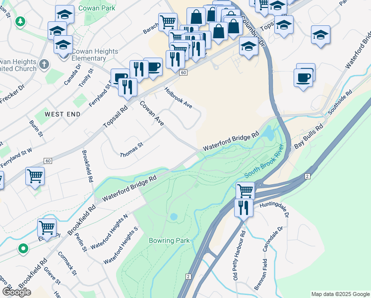 map of restaurants, bars, coffee shops, grocery stores, and more near 10 Cowan Avenue in St. John's