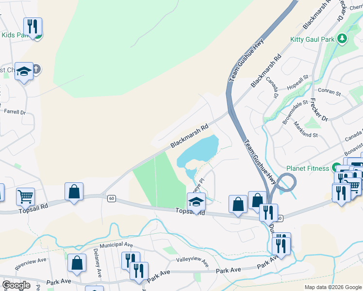 map of restaurants, bars, coffee shops, grocery stores, and more near Branscomes Pond Walk in Mount Pearl