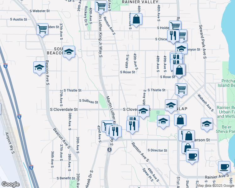 map of restaurants, bars, coffee shops, grocery stores, and more near 8411 44th Avenue South in Seattle