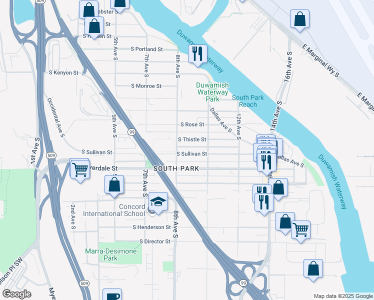 map of restaurants, bars, coffee shops, grocery stores, and more near 816 South Sullivan Street in Seattle