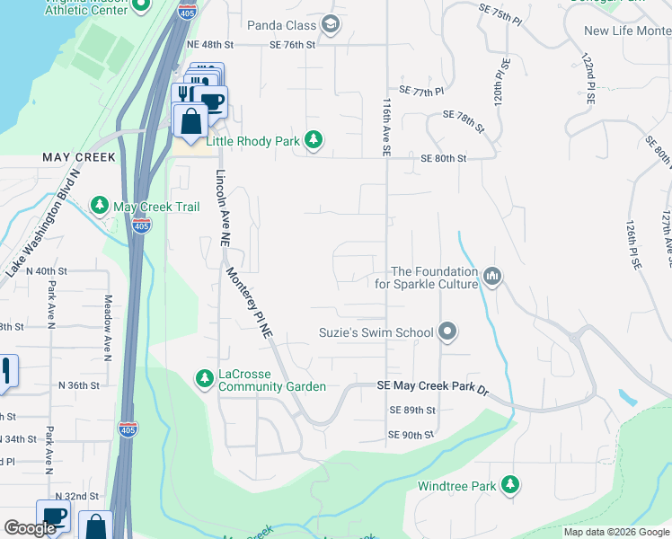 map of restaurants, bars, coffee shops, grocery stores, and more near 8302 114th Avenue Southeast in Newcastle
