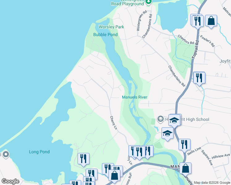 map of restaurants, bars, coffee shops, grocery stores, and more near 2 Marthas Place in Conception Bay South