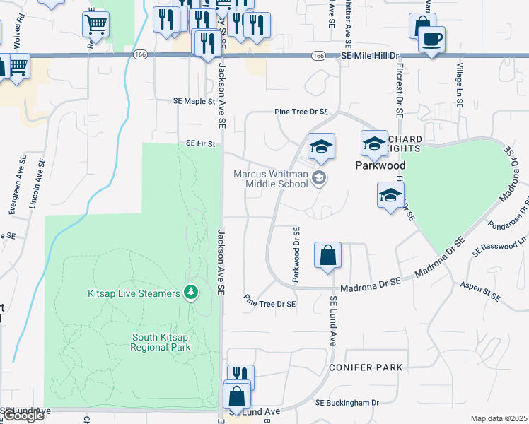 map of restaurants, bars, coffee shops, grocery stores, and more near 3389 Southeast Ash Street in Port Orchard