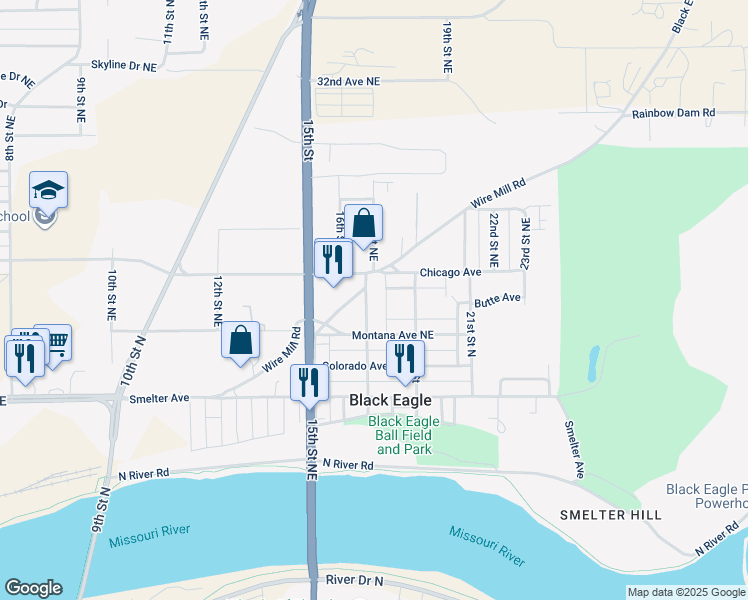 map of restaurants, bars, coffee shops, grocery stores, and more near 433 17th Street Northeast in Black Eagle