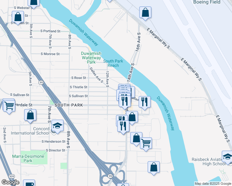 map of restaurants, bars, coffee shops, grocery stores, and more near 8437 Dallas Avenue South in Seattle