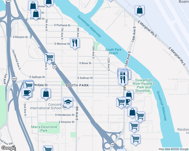 map of restaurants, bars, coffee shops, grocery stores, and more near 856 South Sullivan Street in Seattle