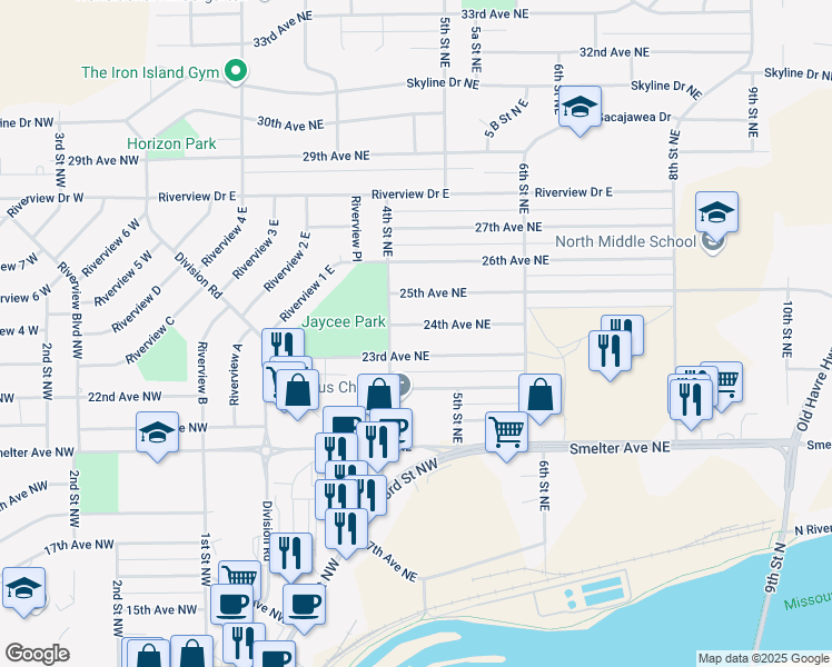map of restaurants, bars, coffee shops, grocery stores, and more near 412 24th Avenue Northeast in Great Falls