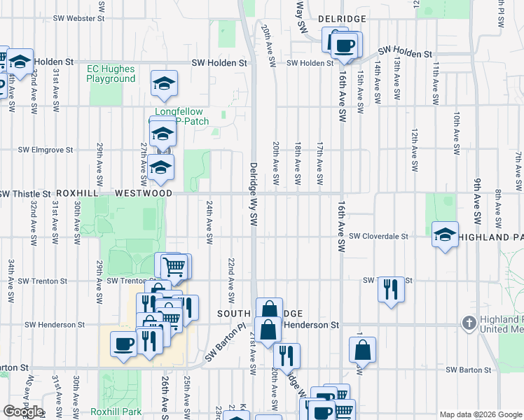 map of restaurants, bars, coffee shops, grocery stores, and more near 8425 20th Avenue Southwest in Seattle