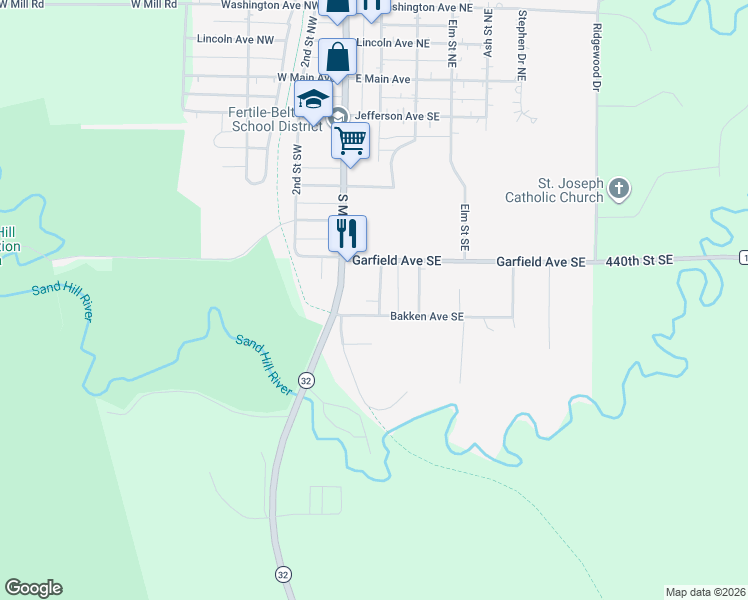 map of restaurants, bars, coffee shops, grocery stores, and more near 615 Blaine Street Southeast in Fertile