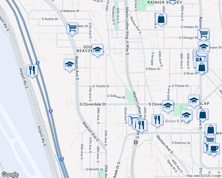 map of restaurants, bars, coffee shops, grocery stores, and more near 3915 South Thistle Street in Seattle