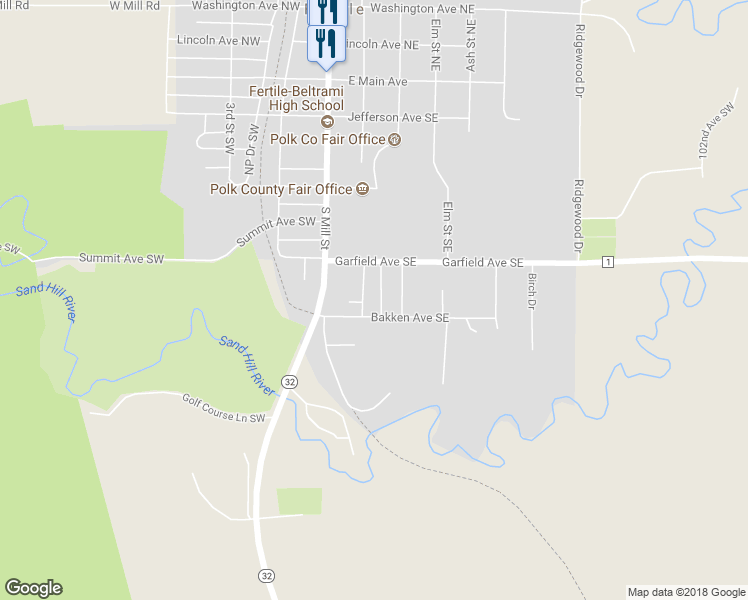 map of restaurants, bars, coffee shops, grocery stores, and more near 615 Blaine Street Southeast in Fertile