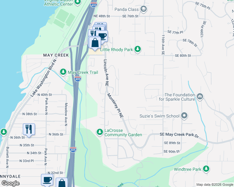 map of restaurants, bars, coffee shops, grocery stores, and more near 4003 Aberdeen Way Northeast in Renton