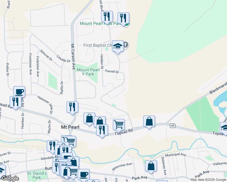 map of restaurants, bars, coffee shops, grocery stores, and more near 80 Farrell Drive in Mount Pearl