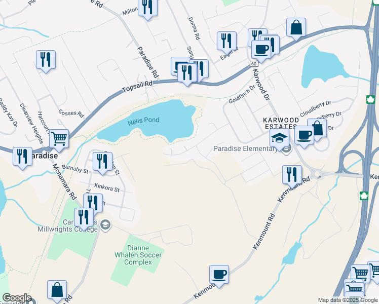 map of restaurants, bars, coffee shops, grocery stores, and more near 37 Yellow Wood Drive in Paradise