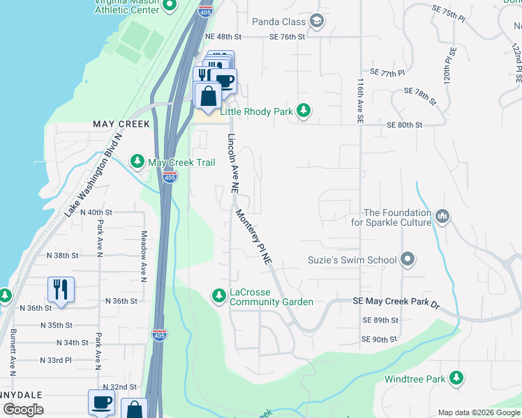 map of restaurants, bars, coffee shops, grocery stores, and more near 4009 Aberdeen Way Northeast in Renton