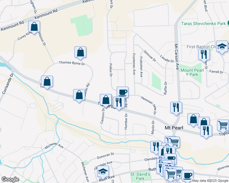 map of restaurants, bars, coffee shops, grocery stores, and more near 15 Pollux Drive in Mount Pearl