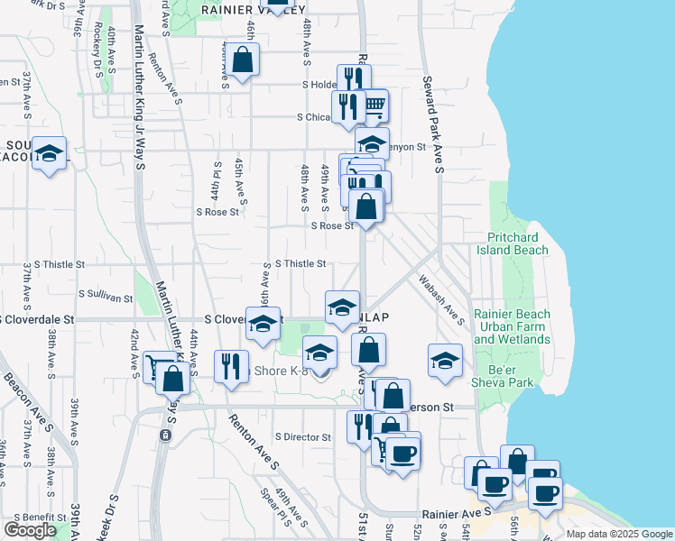 map of restaurants, bars, coffee shops, grocery stores, and more near 5001 South Thistle Street in Seattle