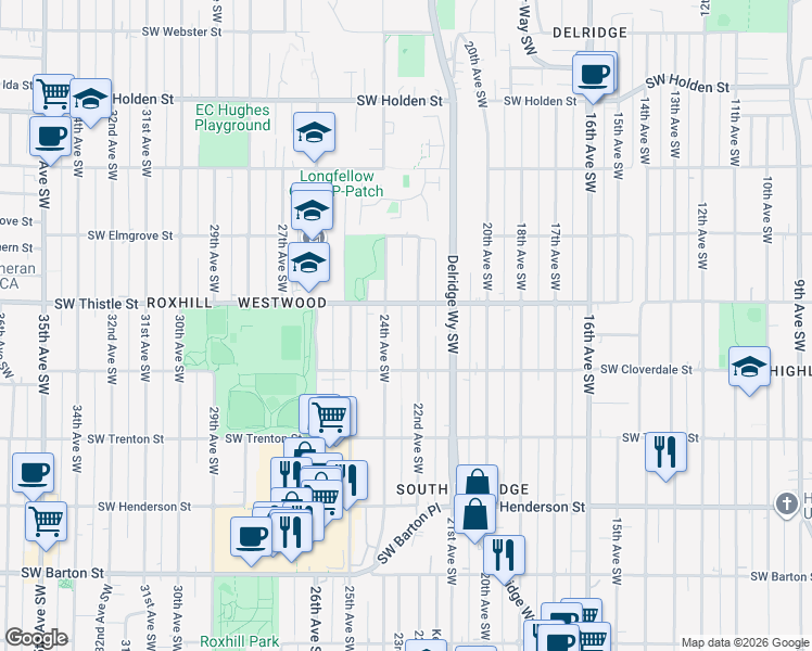 map of restaurants, bars, coffee shops, grocery stores, and more near 8417 22nd Avenue Southwest in Seattle